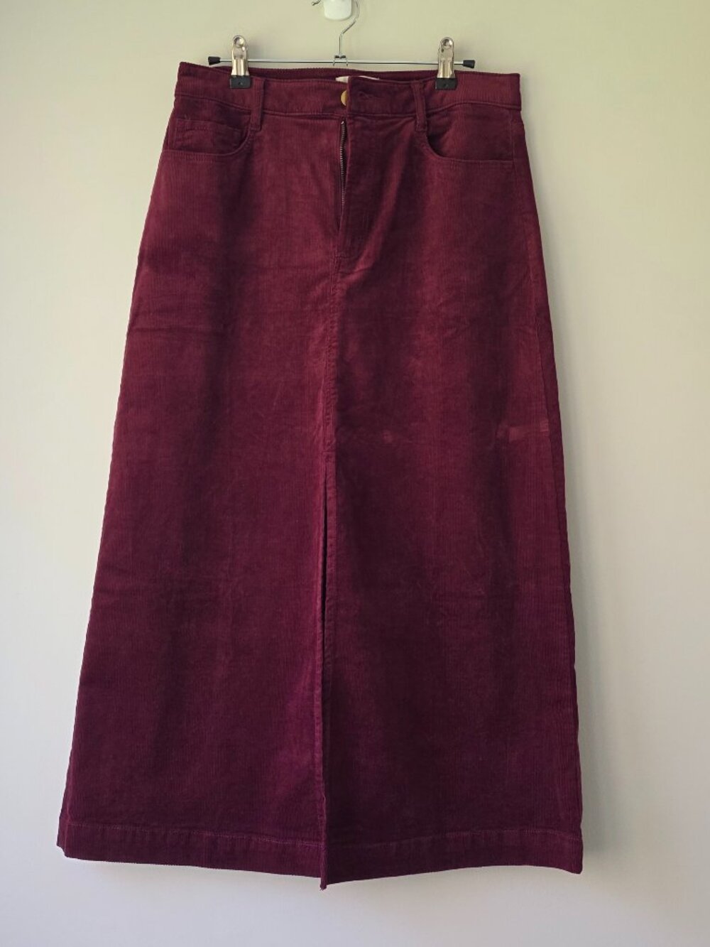 LOFT Corduroy Maxi Skirt w/ Front Slit | Size 4 | Burgundy Red Pockets Zip Fly